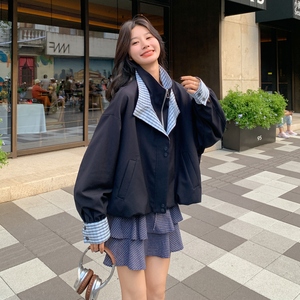 藏青色格纹拼接短外套女2025秋季新款韩系休闲减龄小个子百搭夹克图片