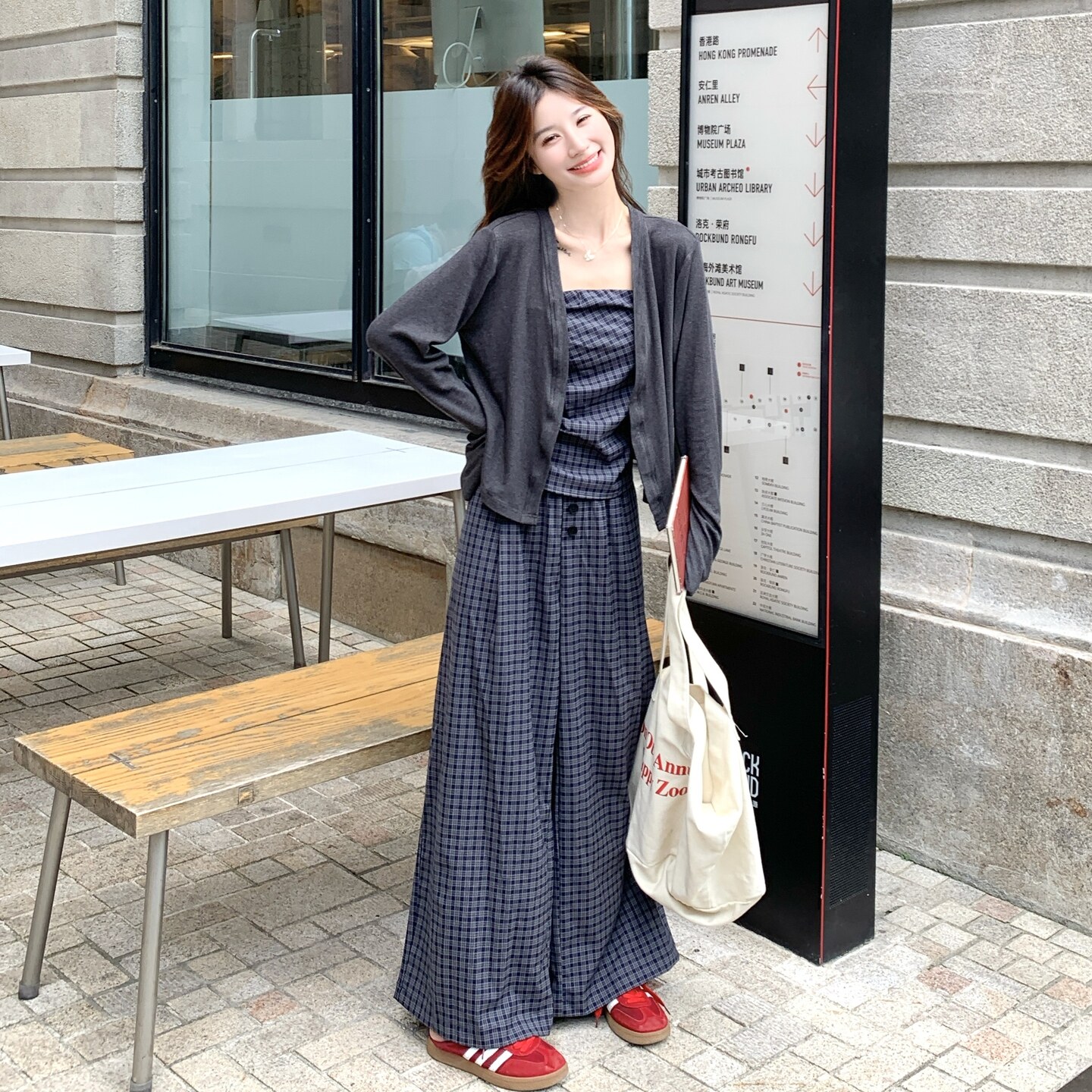 韩系少女灰色开衫格子吊带背心阔腿裤三件套女2025秋季新款小个子,女装套装/套裙,艾艾淮淮