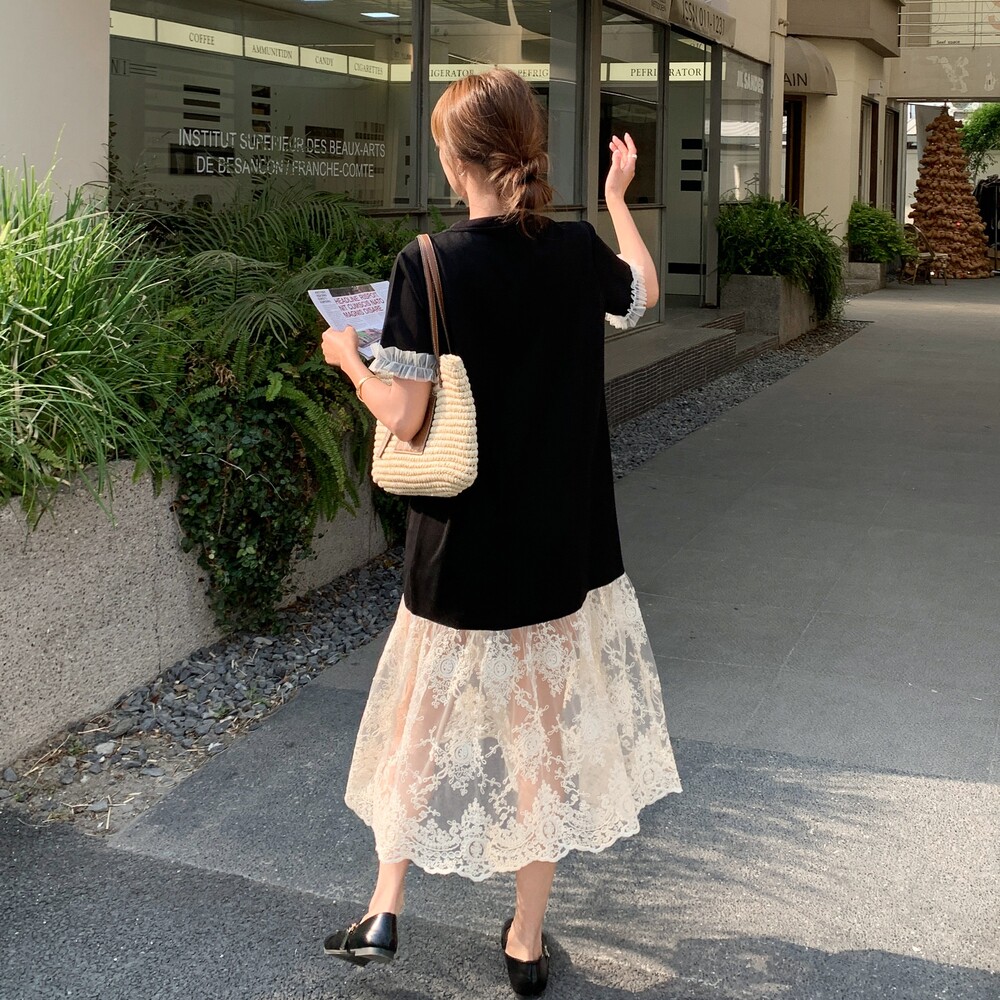 黑色拼接T恤连衣裙女夏新款小个子设计感韩版宽松休闲显瘦鱼尾裙,女装连衣裙,艾艾淮淮