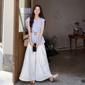 蓝色高级感无袖衬衫套装女2025年夏季新款温柔系穿搭阔腿裤两件套图片