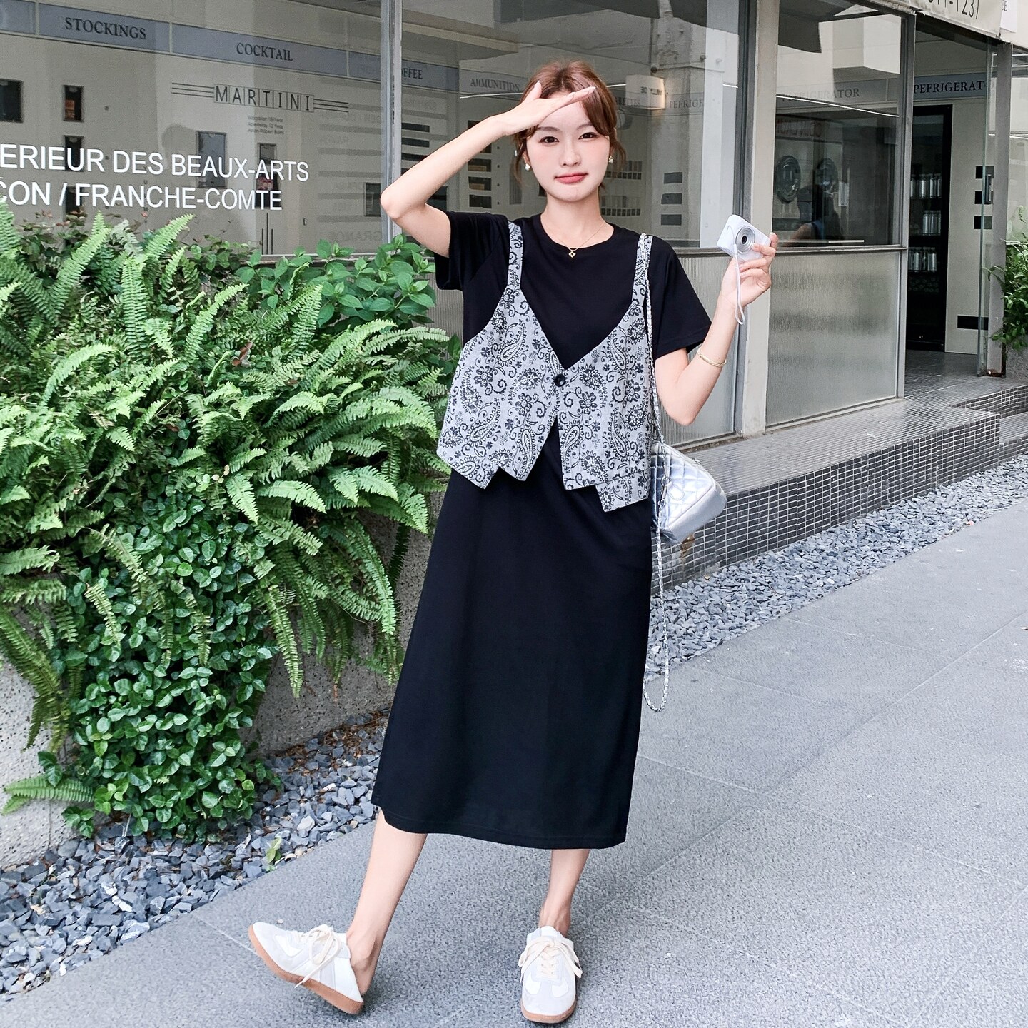 轻熟风设计感黑色假两件印花t恤裙新款小个子时尚洋气连衣裙女夏,女装连衣裙,艾艾淮淮