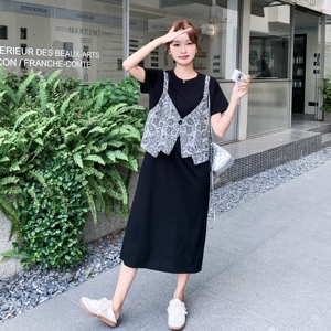 轻熟风设计感黑色假两件印花t恤裙新款小个子时尚洋气连衣裙女夏图片