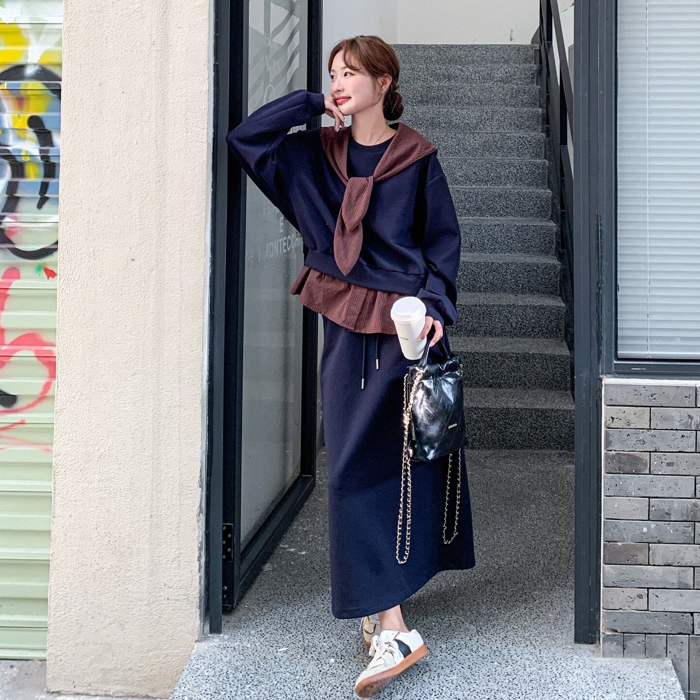 盐甜系穿搭假两件披肩连帽卫衣套装女秋2025新款休闲半身裙两件套,女装套装/套裙,艾艾淮淮