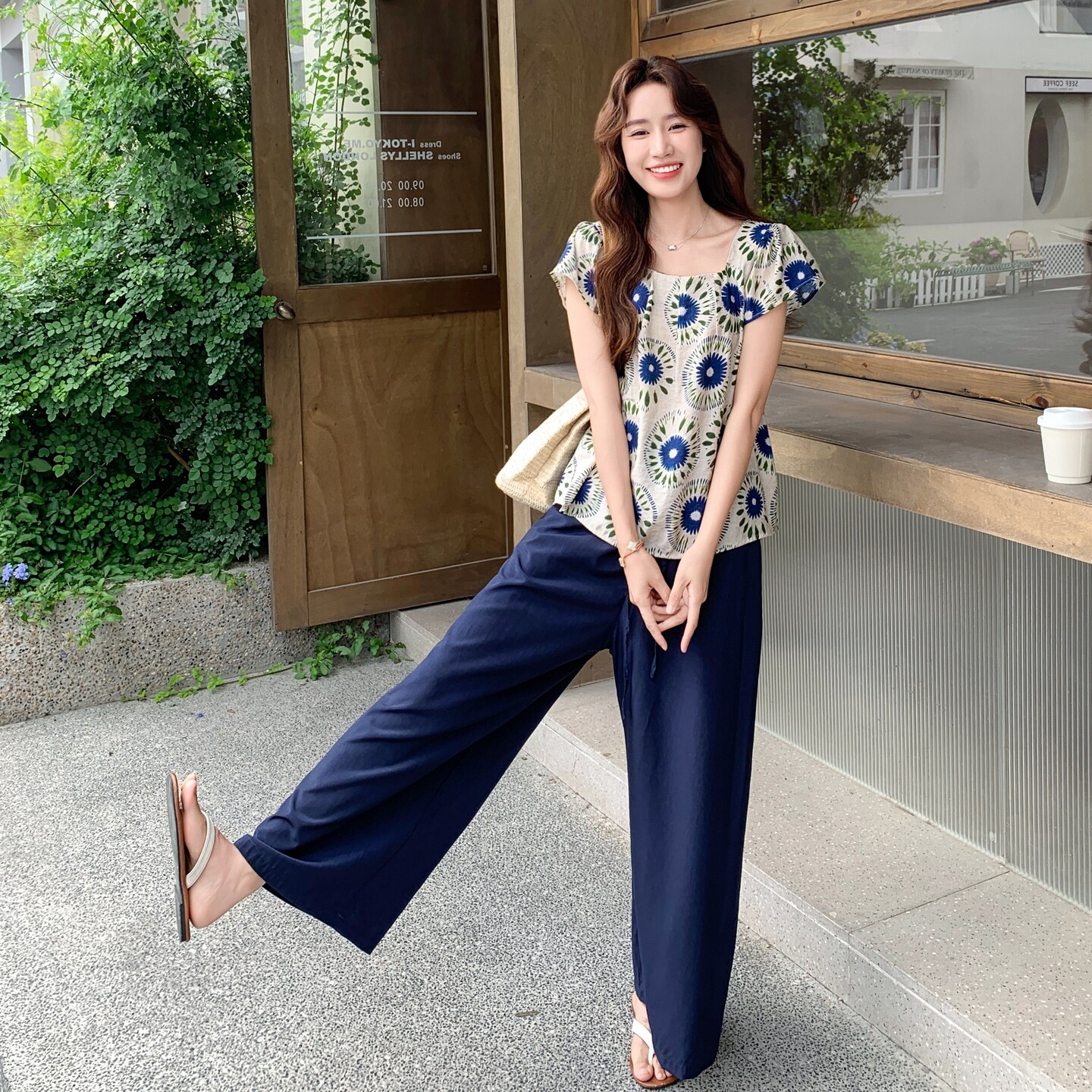 简约宽松阔腿裤两件套夏季2025新款日系洋气方领印花上衣百搭套装,女装套装/套裙,艾艾淮淮