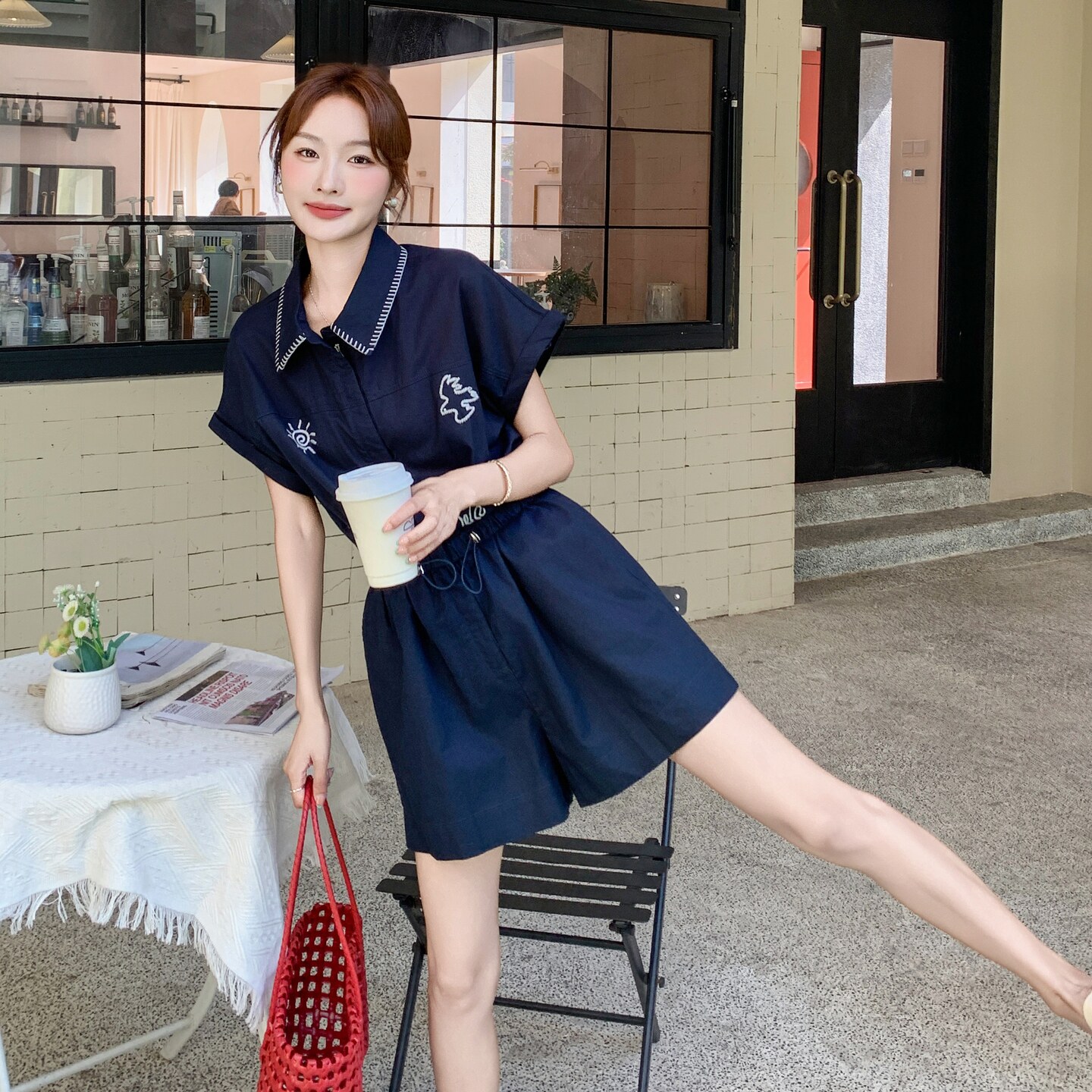 时尚减龄收腰连体裤女2025夏新款气质设计感单排扣抽绳短裤连衣裤,女装套装/套裙,艾艾淮淮