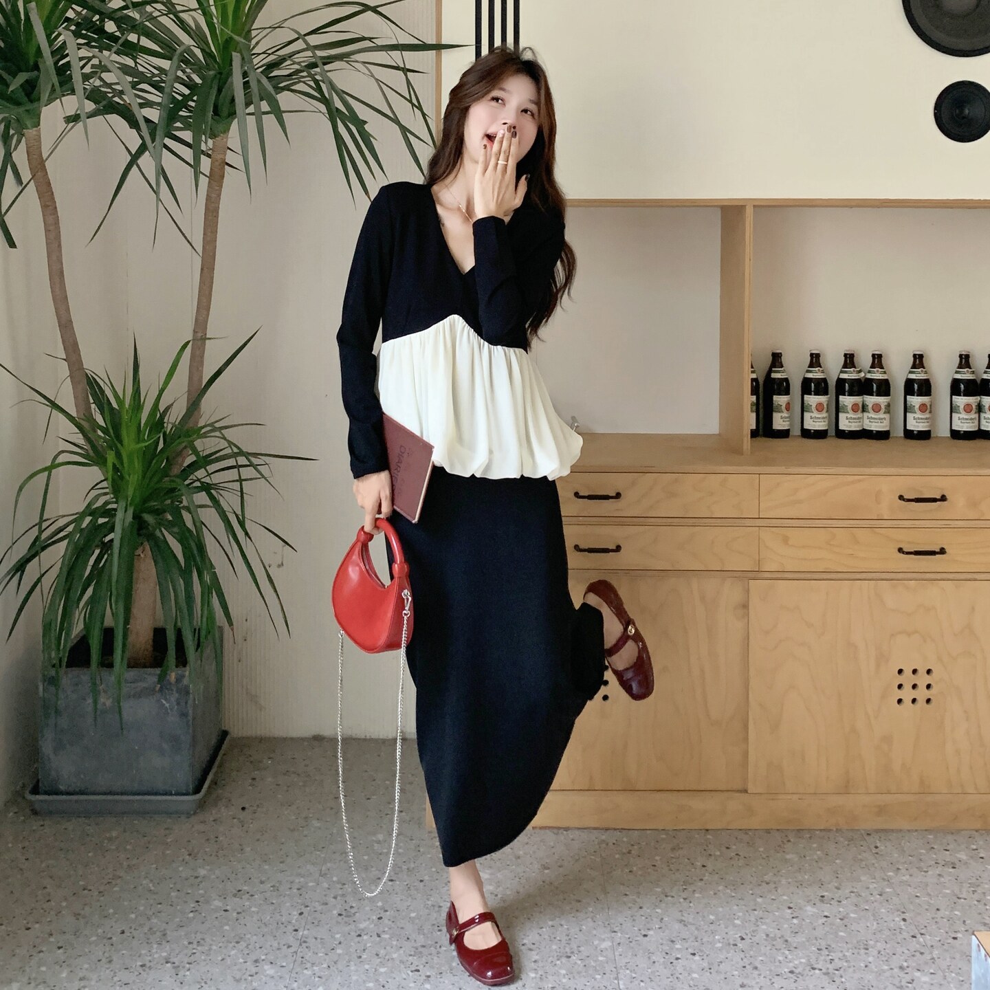 现货优雅撞色花苞V领+半身裙套装297-1687-P155-K218,商品下架区,艾艾淮淮