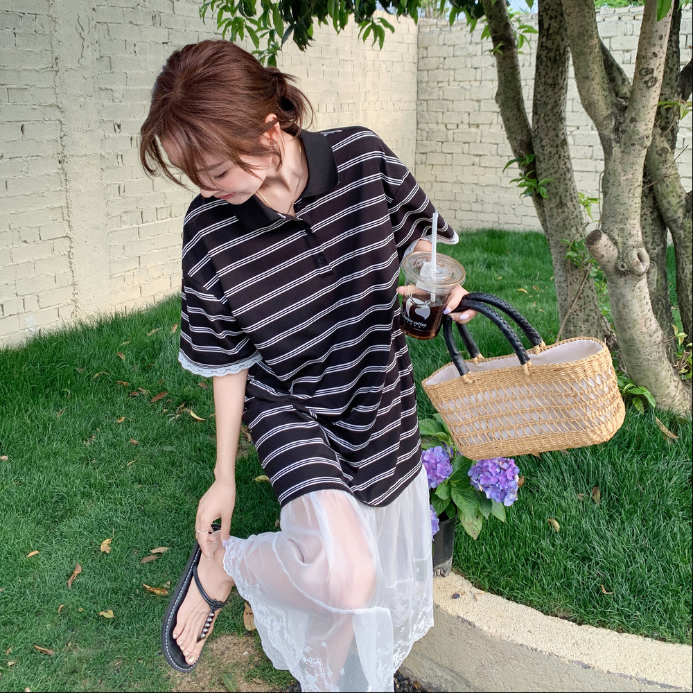 韩版复古蕾丝纱网拼接条纹连衣裙女夏2025新款休闲宽松显瘦衬衫裙,女装连衣裙,艾艾淮淮