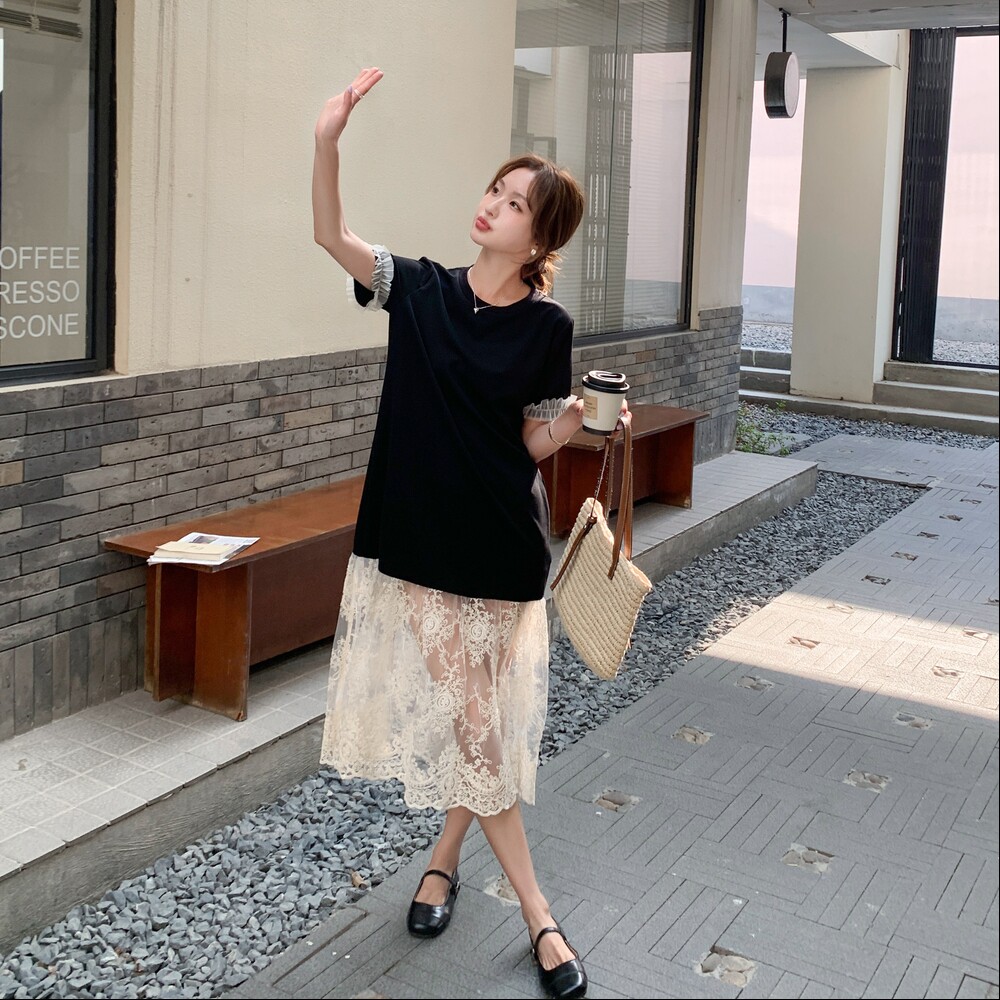 黑色拼接T恤连衣裙女夏新款小个子设计感韩版宽松休闲显瘦鱼尾裙,女装连衣裙,艾艾淮淮