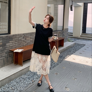 黑色拼接T恤连衣裙女夏新款小个子设计感韩版宽松休闲显瘦鱼尾裙图片