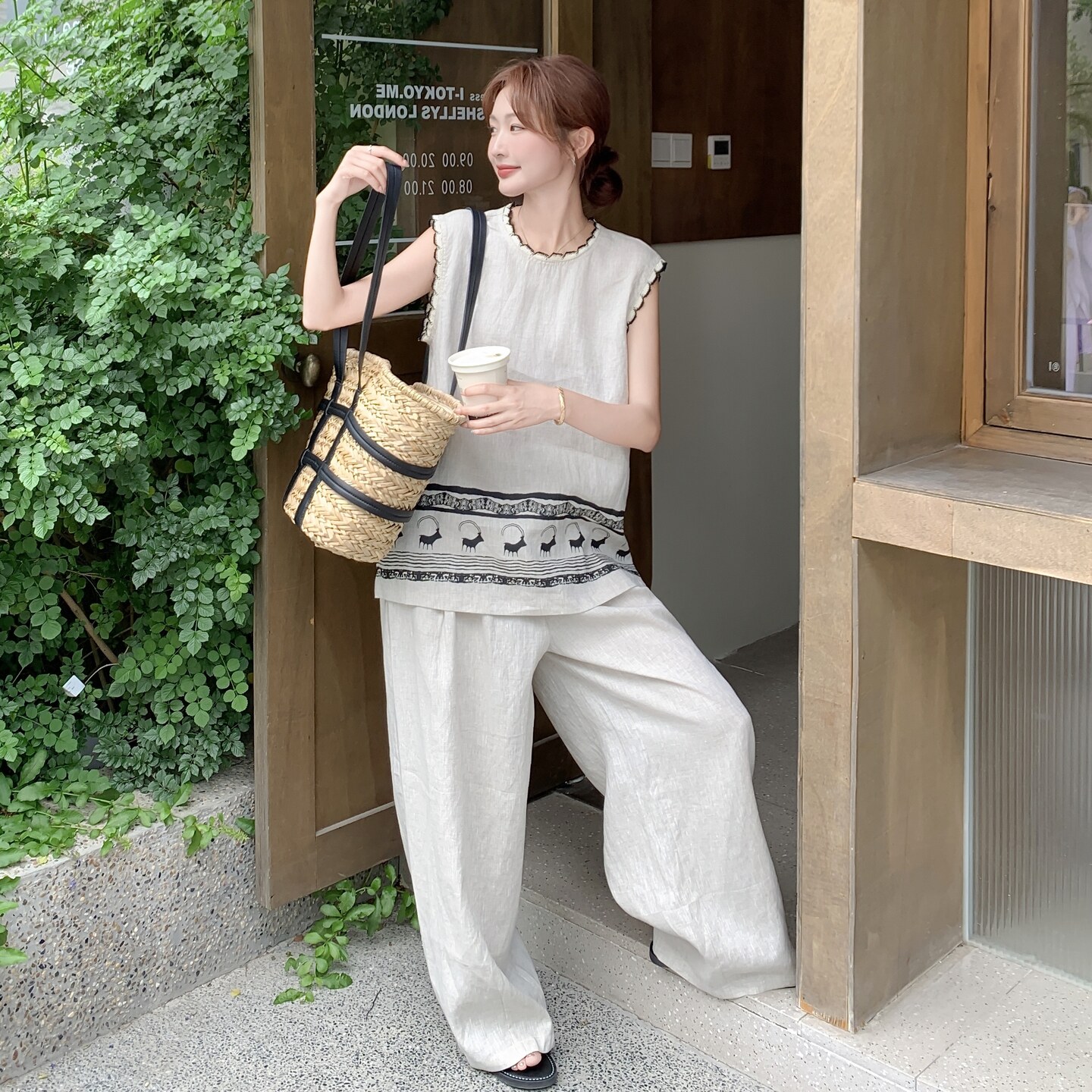 文艺复古印花无袖背心阔腿裤套装女2025夏季新款高级感休闲两件套,女装套装/套裙,艾艾淮淮