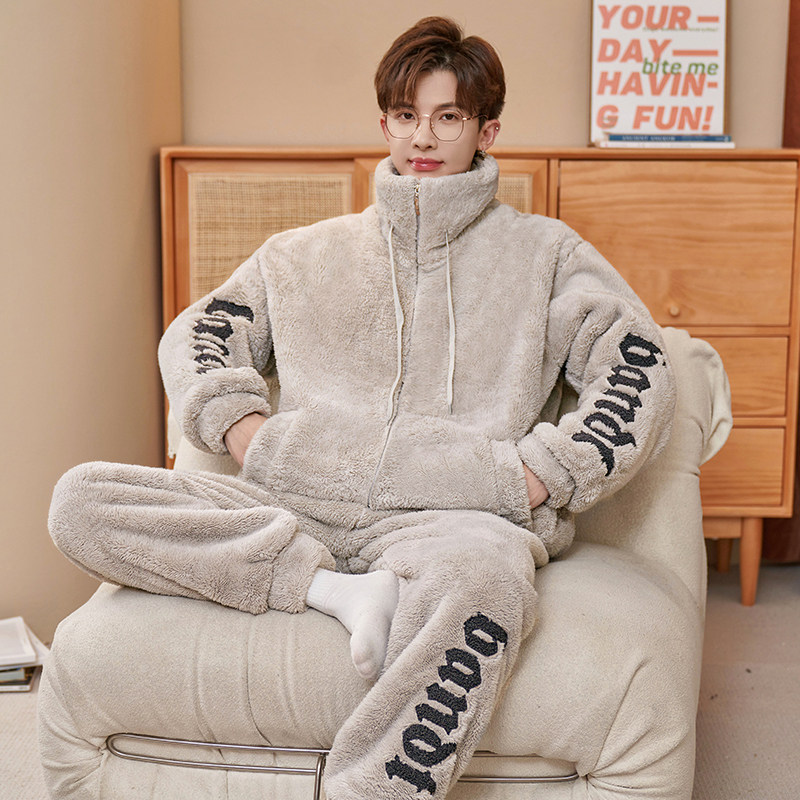 睡衣男士冬季珊瑚绒加厚加绒保暖大妈男款法兰绒简约秋冬天家居服