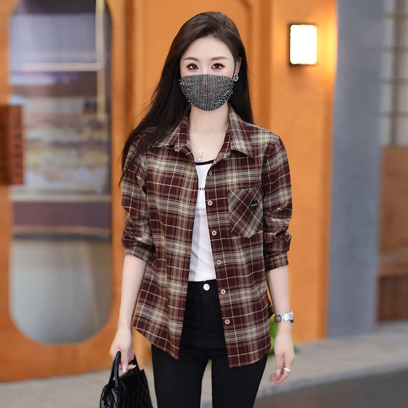 港式复古格子衬衫女中长款外套