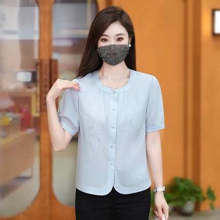 莱赛尔天丝短袖上衣女士2026夏季新款中年妈妈装高级感新中式衬衫