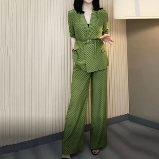 重磅真丝时尚套装女夏季薄款气质修身显瘦提花西服阔腿裤两件套
