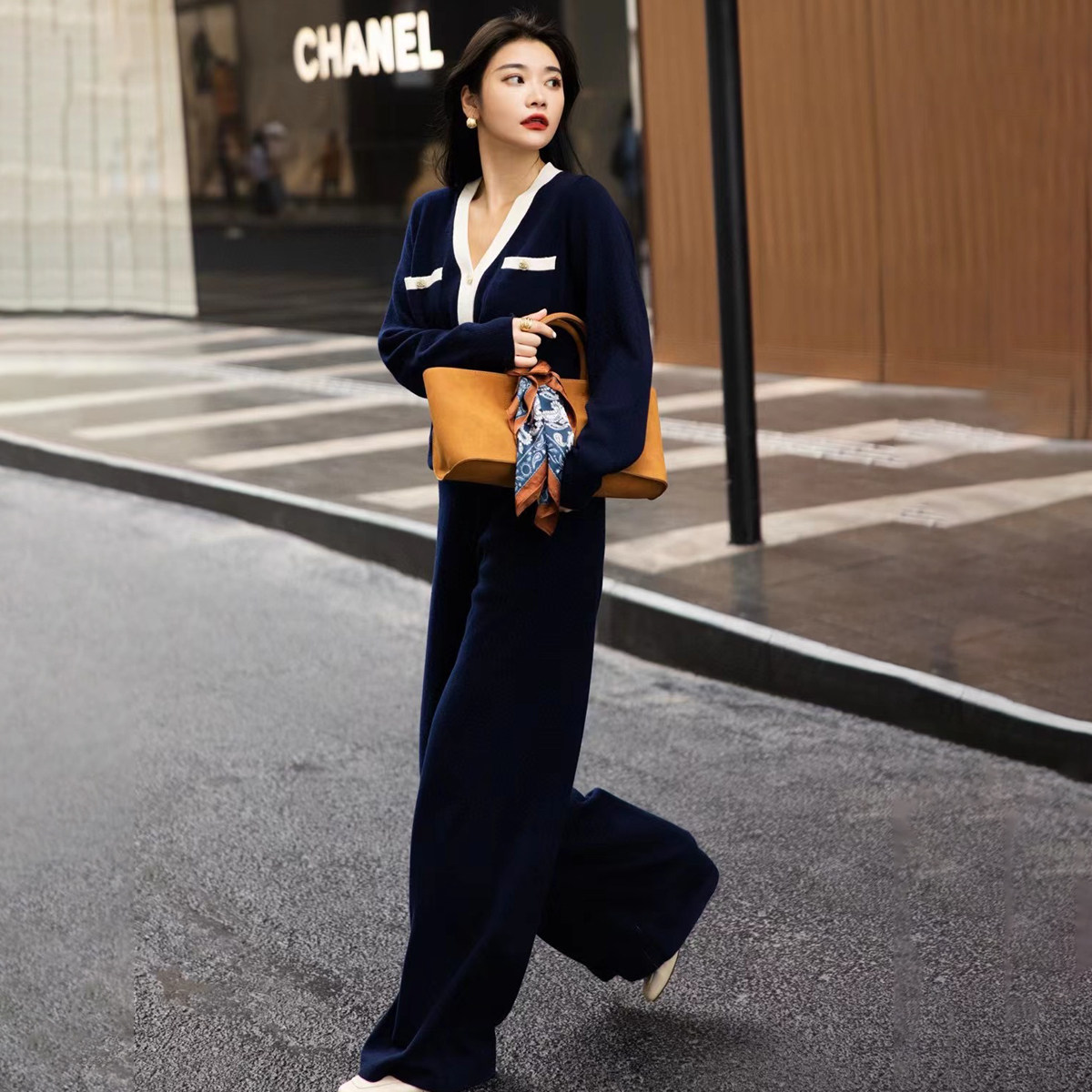 轻熟风休闲时尚羊毛针织套装女秋冬季撞色开衫垂感阔腿裤两件套