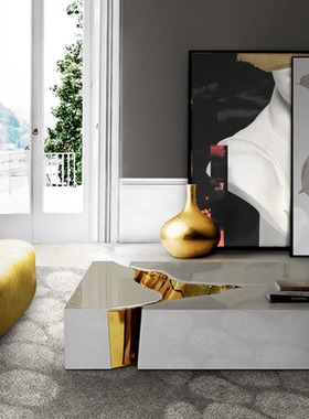 方形豪华Boca Lapiaz中心桌拼色简约定制玻璃钢电镀现代金色茶几