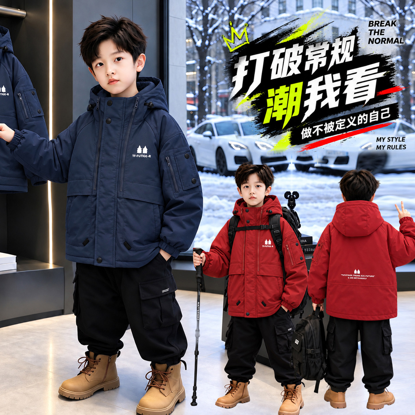 男童棉衣冬季加厚加绒连帽工装服