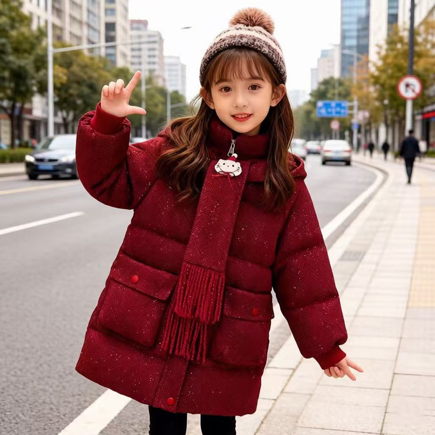 女童棉衣冬季加厚红色中长款棉服