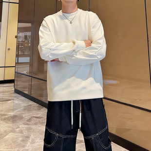 春秋新款长袖T恤男潮牌宽松休闲铆钉设计感纯色百搭打底衫卫衣潮