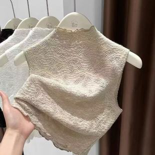 杏色蕾丝假领子百搭女高档秋冬款 背心上衣 内搭半高领网纱打底无袖