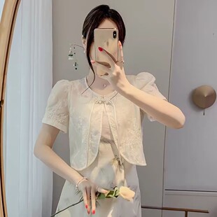 女夏季 新中式 国风盘扣短袖 衬衫 上衣外套 配吊带裙外搭防晒披肩短款