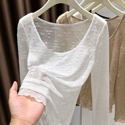 蕾丝打底衫2025新款透明薄纱内搭叠穿性感超大低领网纱上衣高