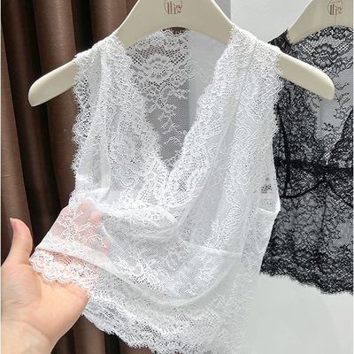 白色蕾丝v领修身打底衫女秋冬网纱叠穿内搭无袖透气镂空钩花背心