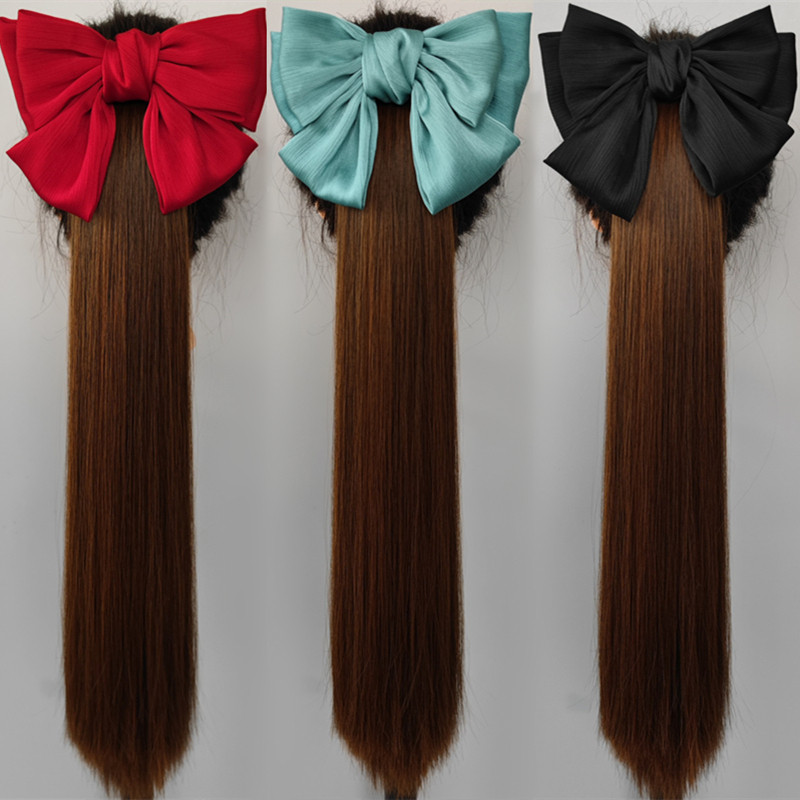 2021可拆卸酒红蝴蝶结直马尾70厘米女小抓夹款隐型假发顺滑长头发