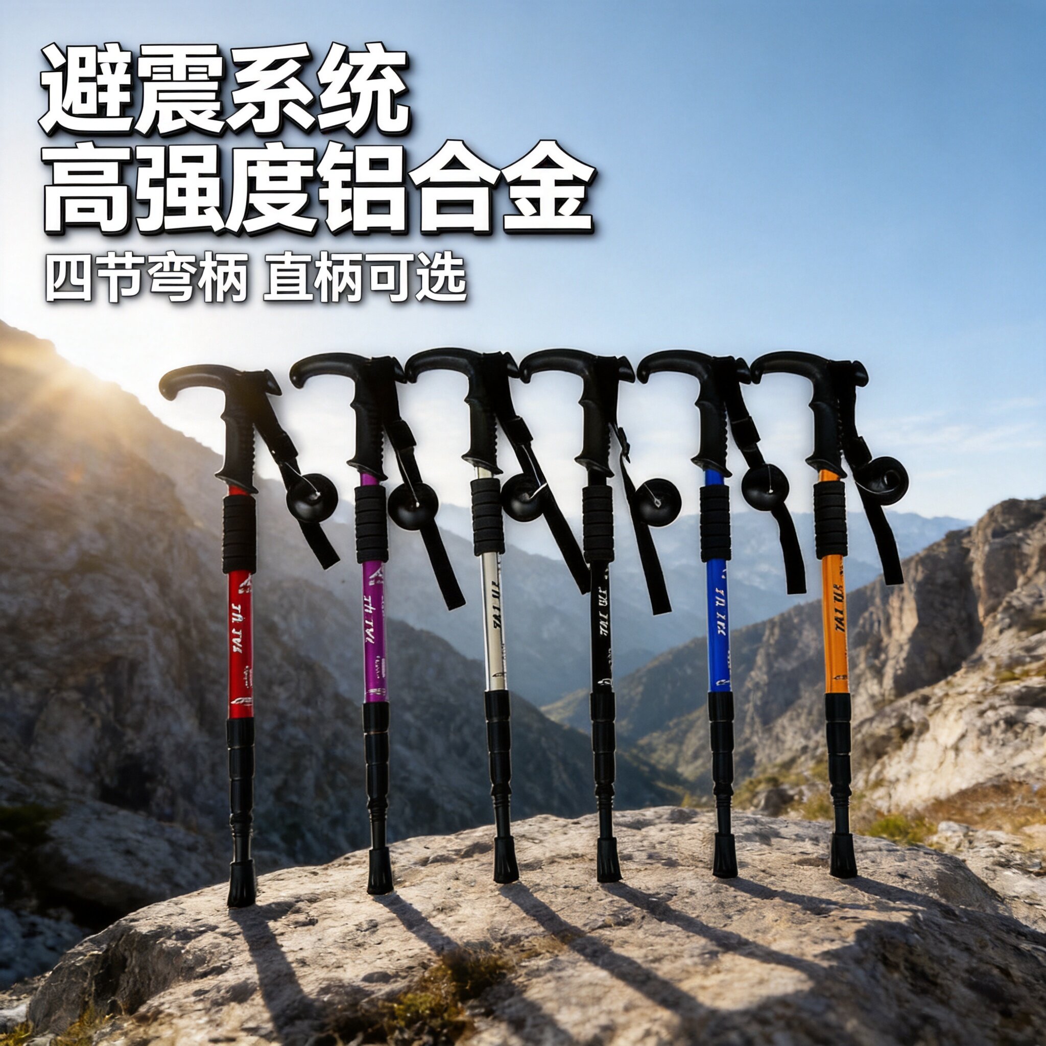 户外登山徒步避震登山杖铝合金四节T型柄325g超轻可调直柄伸缩
