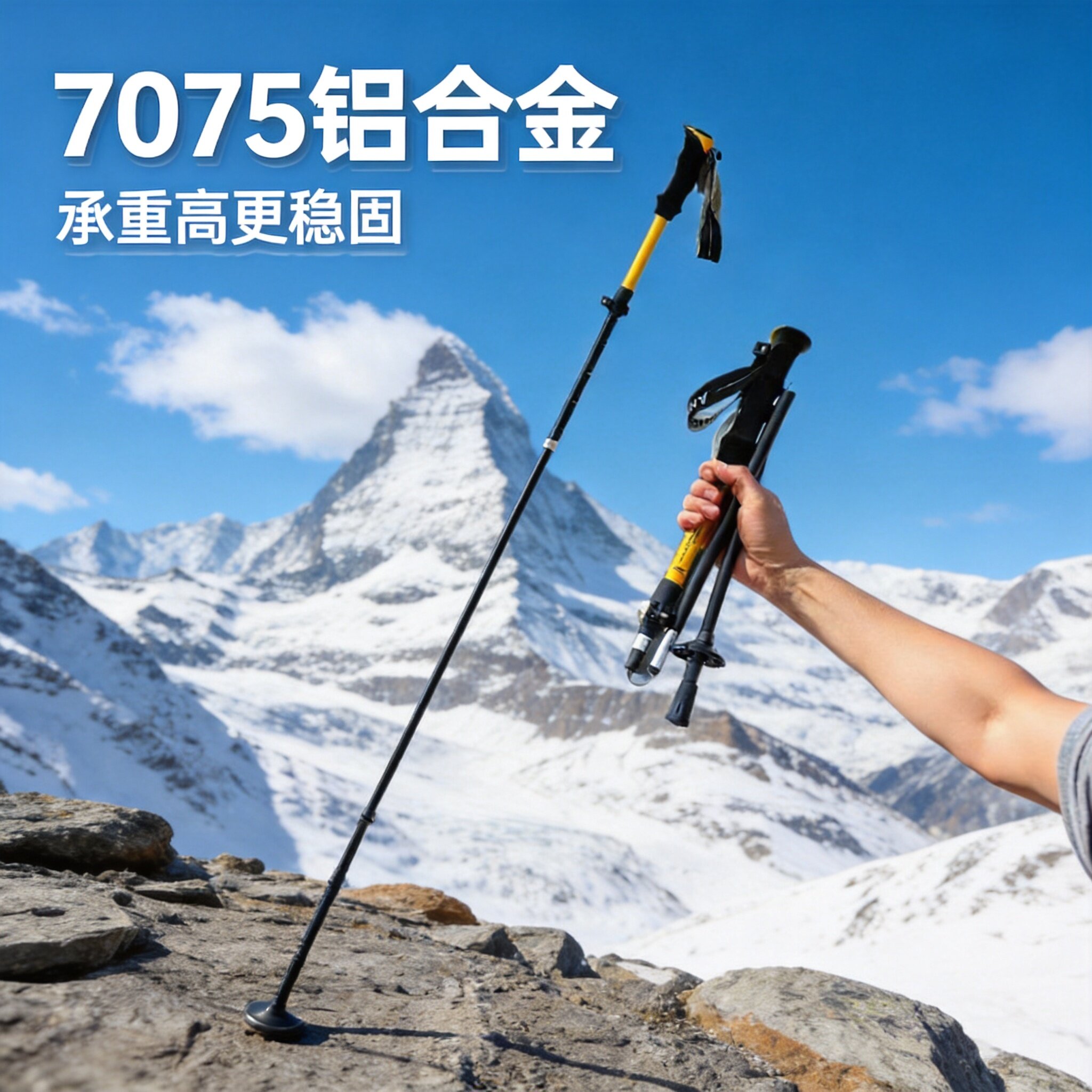 7075铝合金登山杖外锁折叠弹簧避震钨钢杖尖户外徒步登山碳纤维