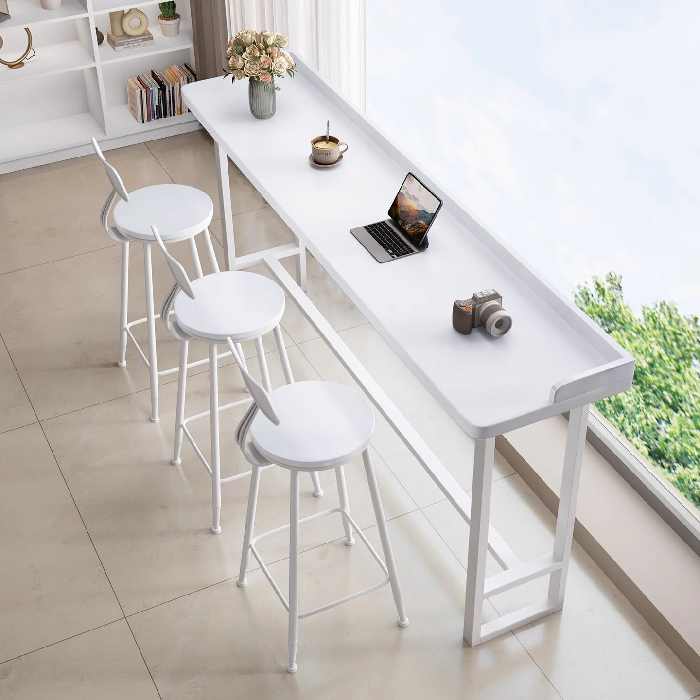 实木白色长条桌高脚桌家用客厅奶茶店靠墙吧台桌椅组合极简风窄桌