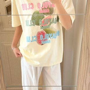 2025夏季 女宽松显瘦百搭休闲潮 新款 小众ins水果印花字母棉t恤短袖