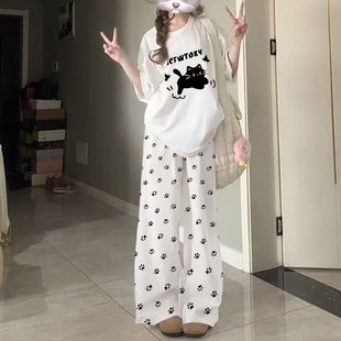 长裤 夏季 松弛感印花圆领短袖 小个子搭配休闲运动套装 两件套 女时尚