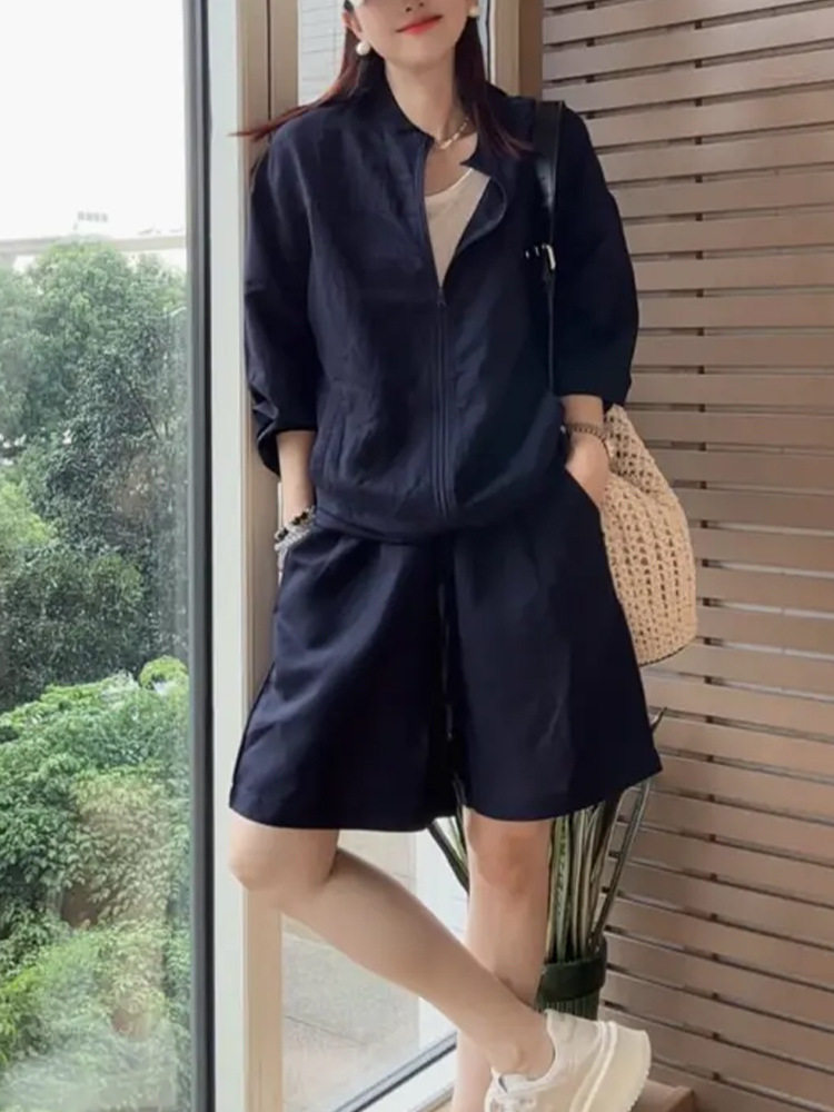 2026新款夏季薄款套裤女休闲藏蓝亚麻防晒衬衫短剧轻奢百搭两件套