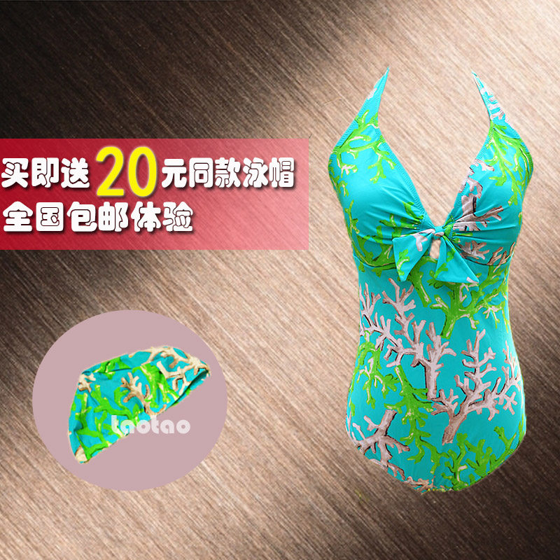 韩版系带挂脖深V性感海边度假三角连体游泳衣泳装送泳帽进口莱卡