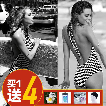 欧美黑白色斑马纹高领性感露背女遮肚系带挂脖三角连体游泳衣泳装