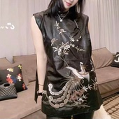 中长款 新中式 国风刺绣凤凰真皮马甲女立领无袖 连衣裙气质显瘦坎肩