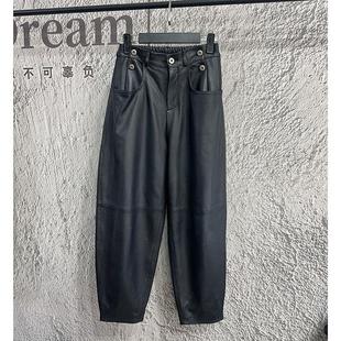 绵羊皮宽松哈伦裤 女九分高腰显瘦休闲老爹裤 秋冬真皮皮裤 2025新款