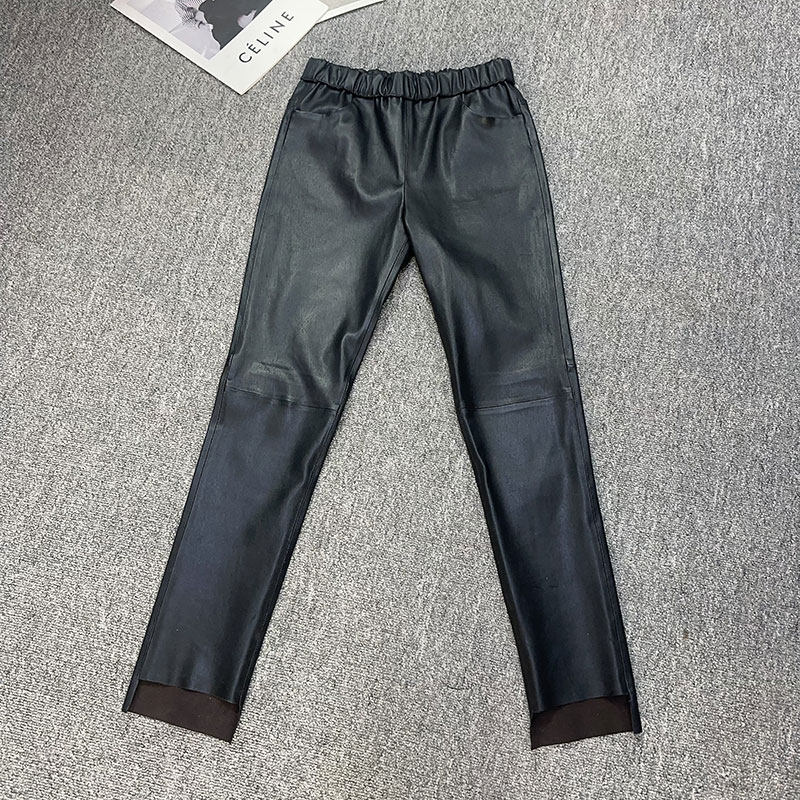 真皮皮裤女三季可穿超显瘦松紧腰弹力皮皮裤绵羊皮九分裤烟筒女裤