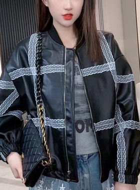 真皮皮衣女小香风蕾丝黑色棒球服皮衣外套绵羊皮春秋宽松时尚夹克