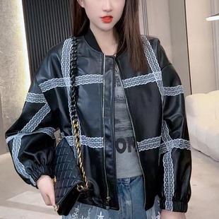 真皮皮衣女小香风蕾丝黑色棒球服皮衣外套绵羊皮春秋宽松时尚 夹克