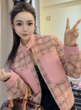 真皮皮衣女短款立领绵羊皮拼接粗纺机车风显瘦宽松夹克小香外套