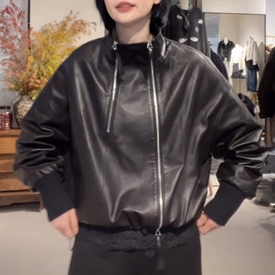 酷感简约风黑色短款羽绒服外套真皮皮衣女宽松立领拉链外套绵羊皮