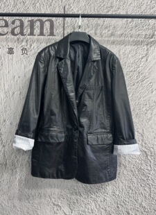 女士外套 宽松设计感西装 2025新款 真皮皮衣女高级感牛皮油蜡中长款