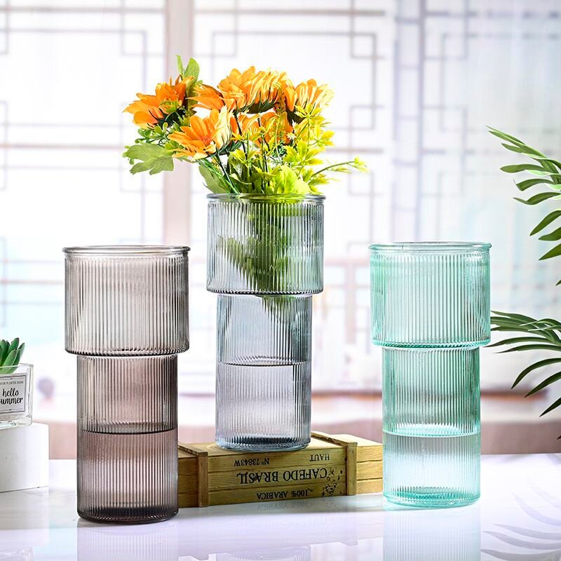 水培富贵竹绿萝竖纹水塔简约欧式摆件客厅瓶水养透明插花花瓶玻璃