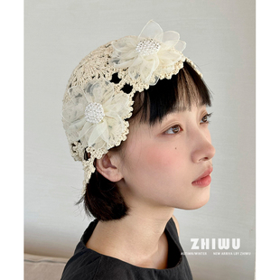 ZHIWU 镂空包头帽子 仙气花朵针织手工钩花帽子女文艺套头帽薄款