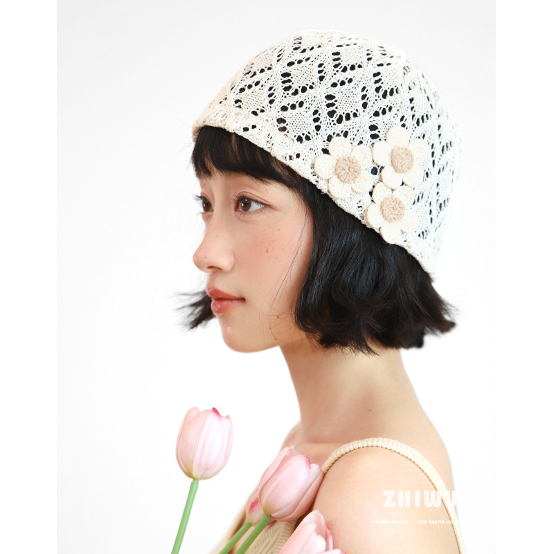 ZHIWU~春夏甜美法式风装饰套头帽女镂空勾花针织帽堆堆帽薄款冷帽