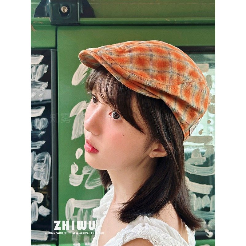 ZHIWU~日系复古格纹前进帽子女显脸小英伦风大头围春夏气质画家帽