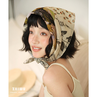 「知雾原创」浪漫法式 文艺丝棉混纺小方巾女小众度假包头丝巾