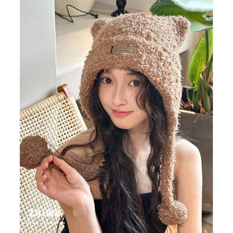 知雾可爱毛绒小熊护耳毛线帽女